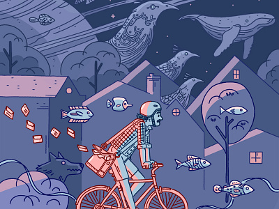 Dream Delivery - i2i Art Inc. - ©Hayden Maynard bicycle conceptual dream editorial fantasy hayden maynard i2i art illustration illustrator man mythical nighttime stranger the transportation travel unique