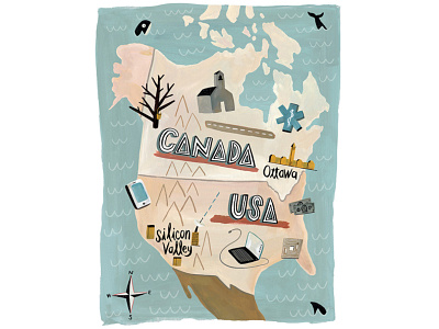 Canada vs US - i2i Art Inc. - ©Mark Hoffmann art canada editorial folk i2i art illustrated illustration lettering map mark hoffmann painterly tourism travel us usa