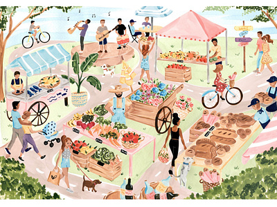 Market Place - i2i Art Inc. - ©Sabina Fenn colorful contemporary editorial farmers feminine i2i art illustration illustrator painterly painting people sabina fenn sabina fenn summer watercolor whimsical