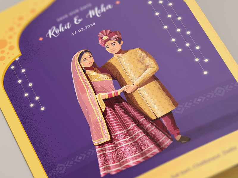 Indian wedding Invitation - 2 card character design flat illustration india invitation krishna kumar mockup noise texture wedding