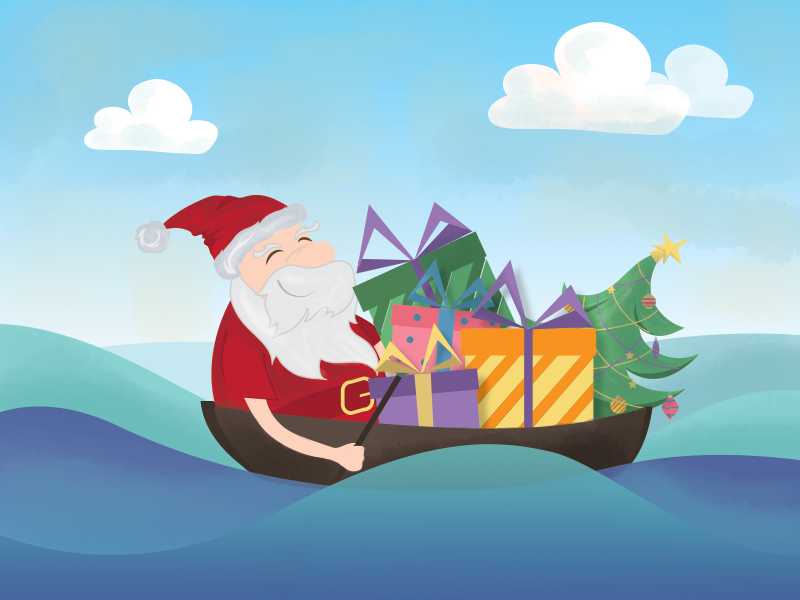 Santa in the boat santa christmas graphic character design gifts christmas tree boat waves 2015 new year