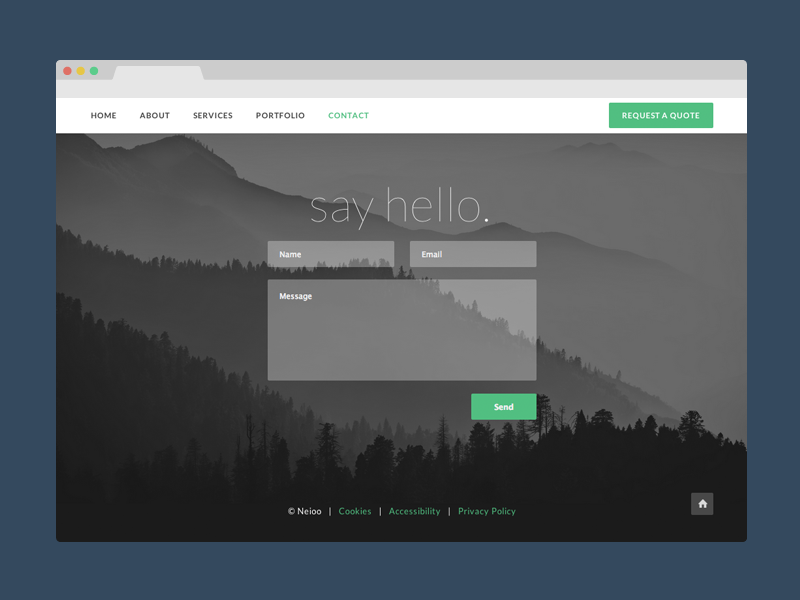 Neioo Contact Page green grey dark portfolio design website shelf modern contact flat ui single page web design