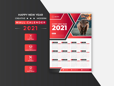 Creative Modern Red Corporate 2021 Wall Calendar Design