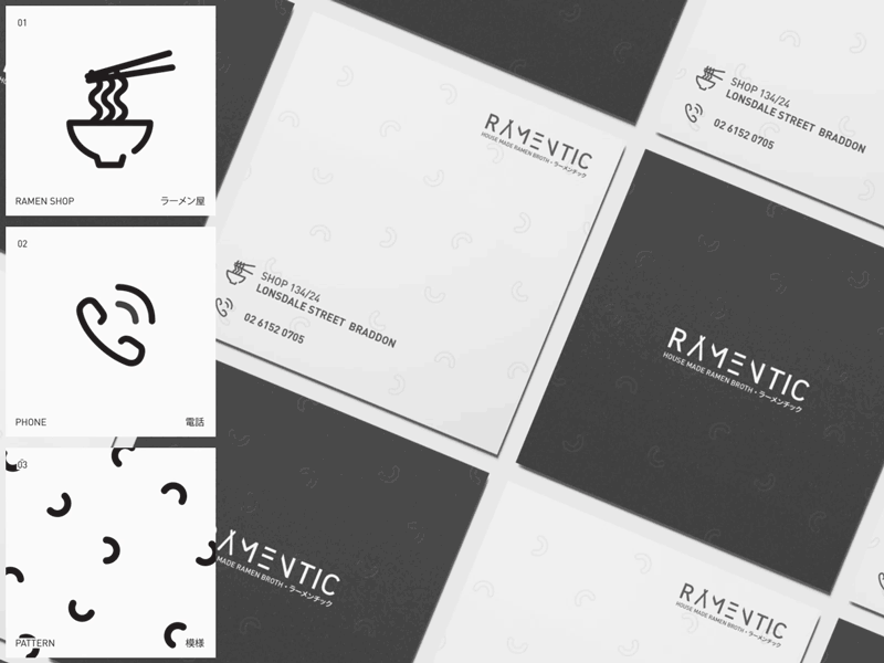 RAMENTIC Business Card 2d after effects animation black and white business card embroidery explainer gif graphic design icon illustrator japanese line art mockup pattern photoshop print ramen restaurant vector