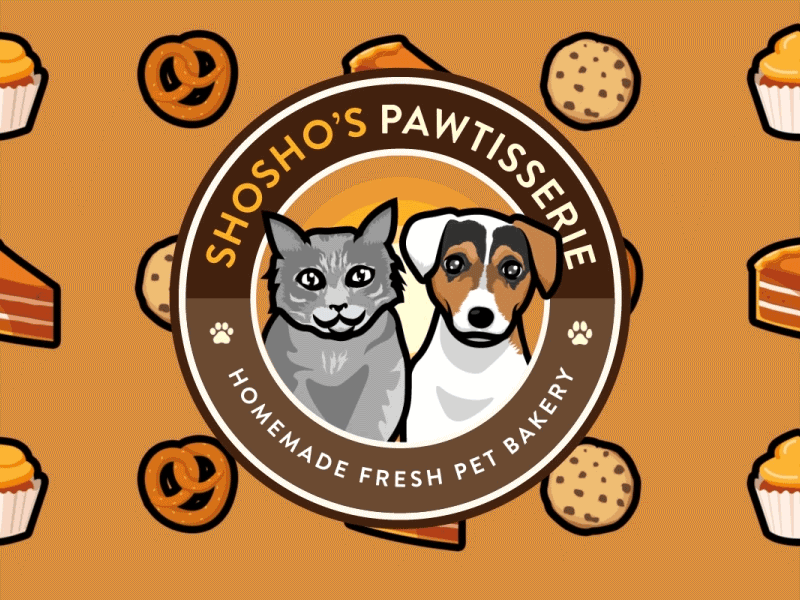 SHOSHO'S PAWTISSERIE LOGO ANIMATION 2d animation after effects animation branding caricatures cat dog frame animation gif graphic design illustration illustrator logo logo animation logo design motion motion design motion graphics pet bakery photoshop