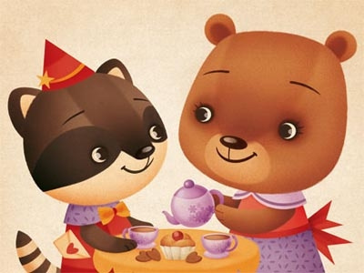 Tea for two bear character character design gaia bordicchia illustration letter picture book raccoon tea