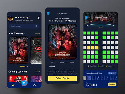 Cinema Apps cinema cinemas dailyui dark darkmode design graphic design mobileapps mobiledark mobiledesign movie movieapps movies ticket tickets ui uidaily uidesign