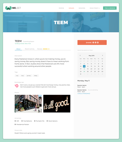 Venue – Weleet calendar cowork photo background product design share button tabs venue web app