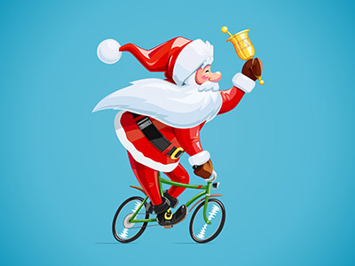 Santa claus with bell at bicycle. Christmas cartoon character. character christmas navidad santa claus xmas