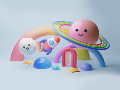 Colorful Kawaii 3D Planet in Universe 3d blender characters colorful cute illustration kawaii planet playfull playground space