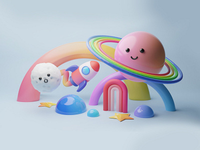 Colorful Kawaii 3D Planet in Universe