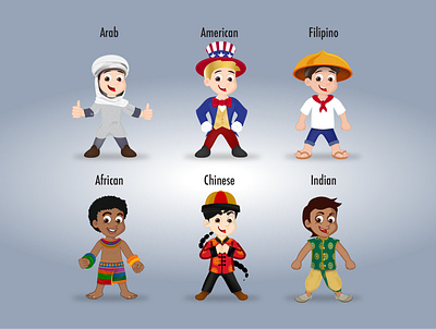 2D vector kids around the world african arab around the world character chinese filipino illustrator indian kids