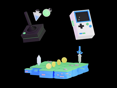 3D game attributes 3d blender3d coins game game station gamepad illustration platform potions web геймбой иллюстрация меч приставка