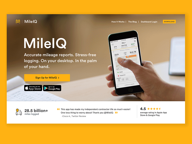 MileIQ Homepage app landing page layout marketing site photography product product photography web web design website
