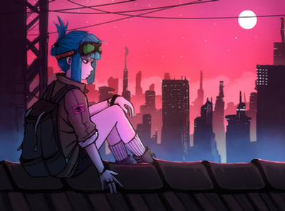 City View aesthetic anime cyberpunk drawing illustration procreate vaporwave