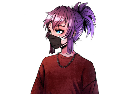 Mask anime chain drawing flat girl girl character illustration manga procreate purple hair streetwear