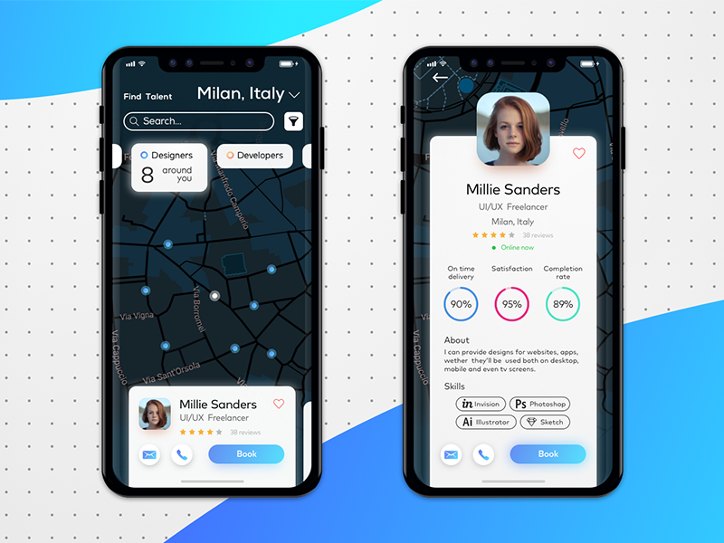 Freelance Map cards prospect map flat iphonex iosui ux ui sketch concept app