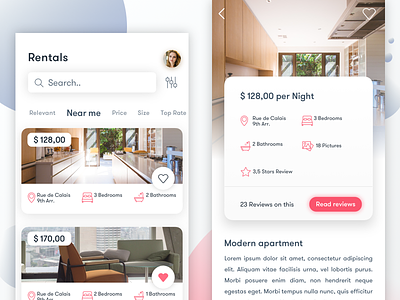 Rentals App airbnb card cardui dropshadow gradient pastel realestate sketch uiux