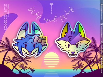 ZOOTOCOLLANTS – Waf and Woof in iridescent colors adobe illustrator character design fox goodies gradients holographic illustration iridescent merch retrowave sea stickers sun sunset synthwave vector art wolf