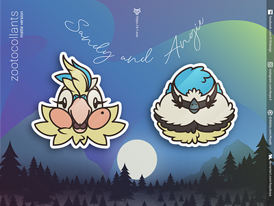 ZOOTOCOLLANTS - Sandy and Angie in matte colors adobe illustrator aurora birds budgie character design design feathered forest goodies gradients illustration landscape merch moon north stickers vector art