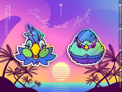 ZOOTOCOLLANTS - Sandy and Angie, iridescent colors adobe illustrator birds budgie character design design feathered goodies gradients holographic illustration iridescent landscape merch palmtrees retrowave sea stickers sunset synthwave vector art