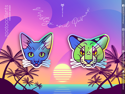 ZOOTOCOLLANTS - Mistyx and Pumax in iridescent colors adobe illustrator cats character design design goodies gradients holographic illustration iridescent korat landscape merch palmtrees puma retrowave sea stickers sunset synthwave vector art