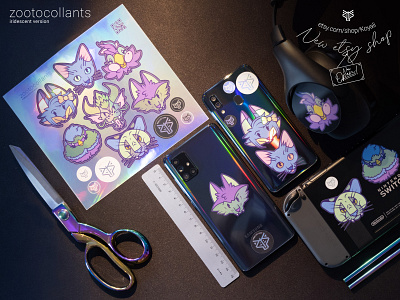 ZOOTOCOLLANTS - Iridescent prints available now on Etsy! bird budgie cat character design cute animals dragon etsy fox goodies holographic illustration korat merch new shop product photography puma stickerapp stickers vector art wolf