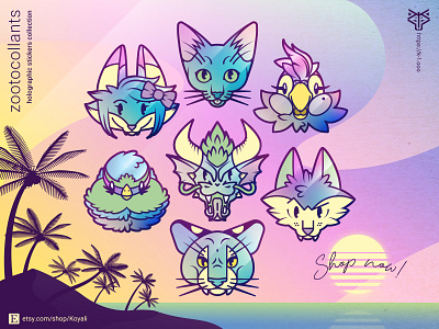 ZOOTOCOLLANTS - Holo stickers now available! bird budgie cat character design cute animals dragon etsy fox goodies holographic illustration korat merch palm trees puma stickers sun sunset vector art wolf