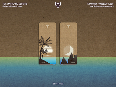 K1Kdesign: 101 business cards, 53 - 54 beach business card forest illustration kraft paper limited edition made with figma minicard moo.com moon mountain ocean palm trees sea self branding sun sunset synthwave vector art visit card