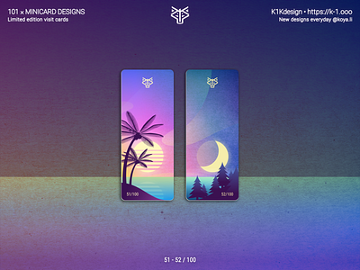 K1Kdesign: 101 business cards, 51 - 52 aurora beach business card illustration limited edition made with figma minicard moo.com moon mountain ocean palm trees sea self branding sun sunset synthwave unique vector art visit card