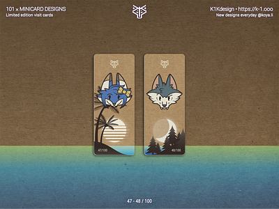 K1Kdesign: 101 business cards, 47 - 48 beach business card character design cute animals etsy fox kraft paper limited edition made with figma minicard moo.com moon self branding stickers sunset synthwave unique vector art visit card wolf