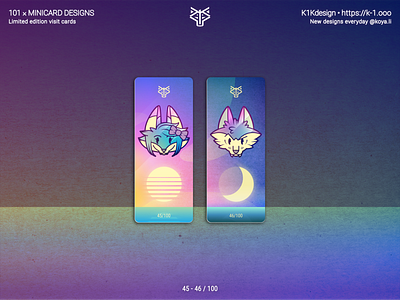 K1Kdesign: 101 business cards, 45 - 46 beach business card character design cute animals etsy fox holographic limited edition made with figma minicard moo.com moon self branding stickers sunset synthwave unique vector art visit card wolf