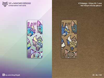 K1Kdesign: 101 business cards, 35 - 36 business card cat character design cute animals dragon etsy fox holographic illustration kraft paper limited edition made with figma minicard moo.com puma self branding stickers synthwave vector art visit card