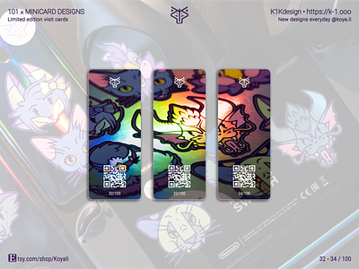 K1Kdesign: 101 business cards, 32 - 34 — HOLOGRAPHIC STICKERS business card cat character design cute animals dragon etsy fox holographic illustration kraft paper limited edition made with figma minicard puma self branding stickers synthwave vector art visit card wolf