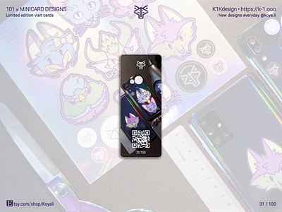 K1Kdesign: 101 business cards, 31 — STICKY HOLOGRAPHIC FRIENDS! business card cat cute animals dragon etsy fox holographic illustration limited edition made with figma minicard moo.com puma self branding stickers synthwave vector art visit card wolf