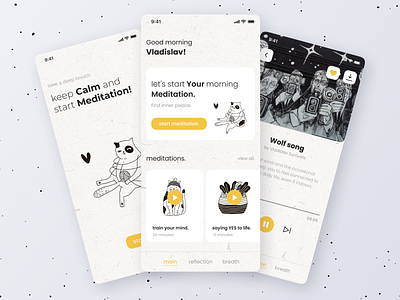 Relaxiki | Meditation app app design black and white bw cats clean color illustration meditation mindfulness mobile app design relax relaxation ui ux