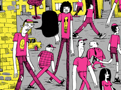 Street scene 3 color black characters city drawing grey illustration line art line work magenta new york pink walking yellow