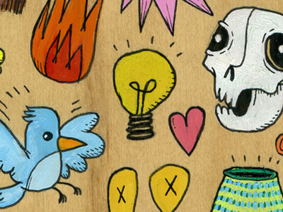 Valentine 2 acrylic bird character character design drawing fire heart illustration lightbulb painting pen and ink skull wood