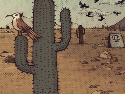 Cactus background bird cactus desert dirt environment handmade illustration line art rocks skull sky texture tombstone western