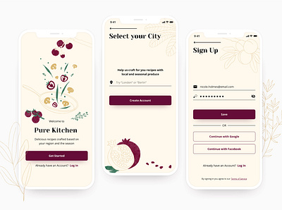 Onboarding screens for a Recipe App focusing on sustainability 2d illustration account burgundy button design cooking cooking app design digital illustration illustration mobile app mobile ui onboarding onboarding screens onboarding ui recipe recipe app sign up signup signup page ui