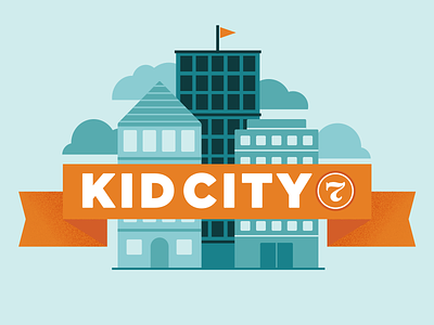 Kid City 7 buildings children clouds hoefler illustration vector