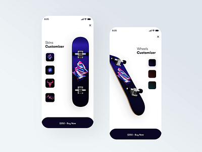 Custom Skins 🛹 animation app app animation app ui branding clean design icon illustration minimal simplistic skateboarding ui ui ux ui design uiux ux web web design website