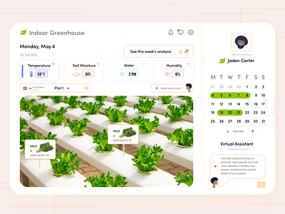 Indoor Greenhouse Dashboard 🍃🥬 analytics calendar dashboard design greenhouse illustration monitoring dashboard plants ui ux virtual assistant