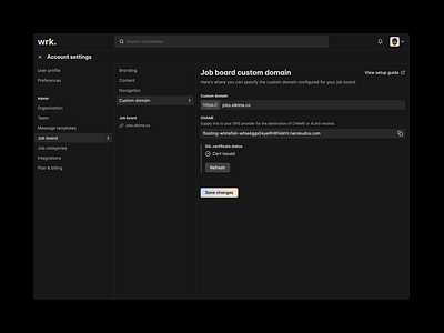 Wrk - Dark Mode app applicant tracking system application ats clean dark dark mode dark theme dark ui gradient gradients hiring hiring system job board minimal modern night simple theme theming