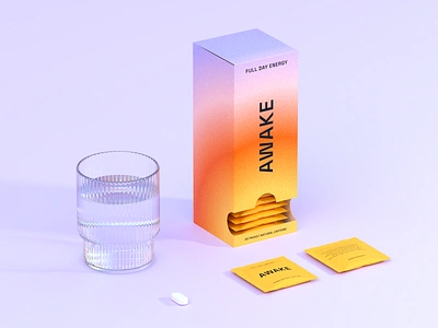 AWAKE - Packaging Design Concept 3d awake brand branding cgi gradient identity logo morning nutrition packaging product render sachet sunrise sunset supplement very peri visual