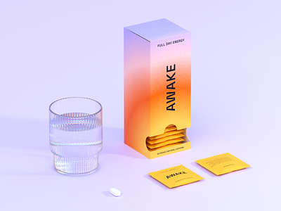 AWAKE - Packaging Design Concept 3d awake brand branding cgi gradient identity logo morning nutrition packaging product render sachet sunrise sunset supplement very peri visual