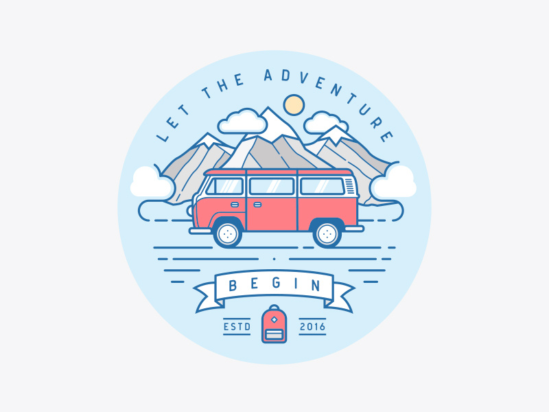 Let The Adventure Begin flat illustration backpack mountains clean line art outline adventures travel minivan car