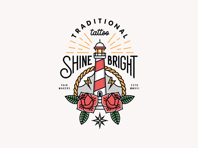 Print for sale badge flat illustration lettering lighthouse lineart outline rose tattoo typography