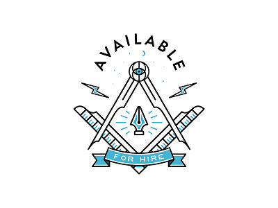 Available For Hire badge compasses flat hire illustration lineart mark outline pen tool symbol typography vector