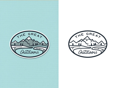 The Great Outdoors Patch 2 adventure badge flat illustration lettering line art mountains outdoors outline pines river travel